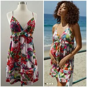 Anthropologie The Willow Mini Dress Medium Babydoll Floral Tropical Colorful